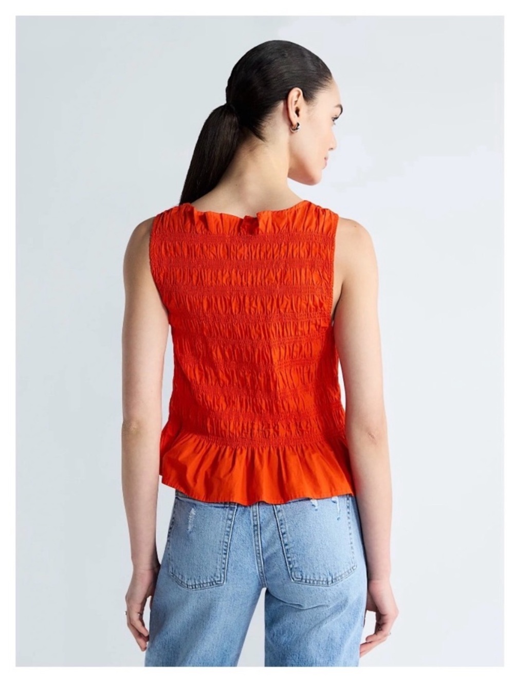 Sleeveless Smocked Peplum Top Bright Orange Coastal Summer Ruffle Top Size Large - Picture 2 of 14